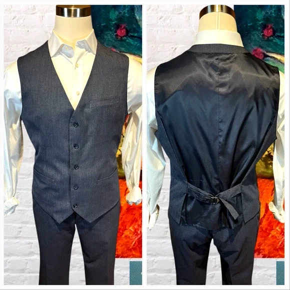 Perry Ellis 3 Piece Suit 44R 38x31.5 Navy Blue and White Textured Look - Picture 8 of 16